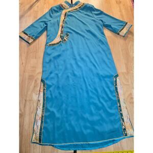 Turquoise blue Chinese traditional dress cap sleeve ornamental trim detail small